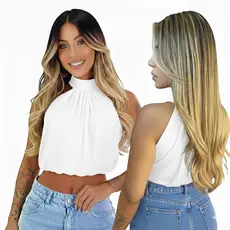 Cropped Feminino Gola Alta Suplex Premium Elegante Sem Manga Moda Blogueira Look Social Chic