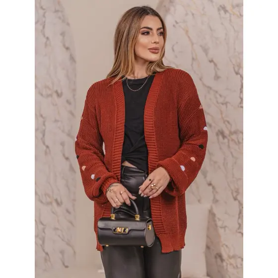 Casaco Manga Bufante Tricot Feminino Bolinhas COLORIDAS LUANA Max Cardigan Inverno Outono Tricô
