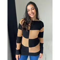 Blusa Alongada Quadriculada manga longa em Tricot xadrez suéter linha tricô moda blogueira inverno