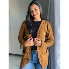 Casaco Trança com Bolsinho Tricot Feminino moda Inverno Lã bolso max cardigan Outono Tricô