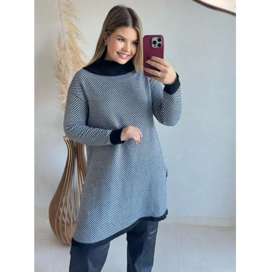 Poncho Xadrez Tricot Feminino Com Fenda Lateral Inverno Tricô Moda Quadriculado Gola Alta
