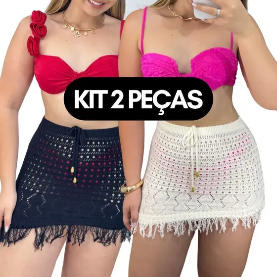 KIT 2 Saias Feminina Saída De Praia 1 Peça Com Franja Modal Cordão MANU Tricot Verão Roupa Feminina