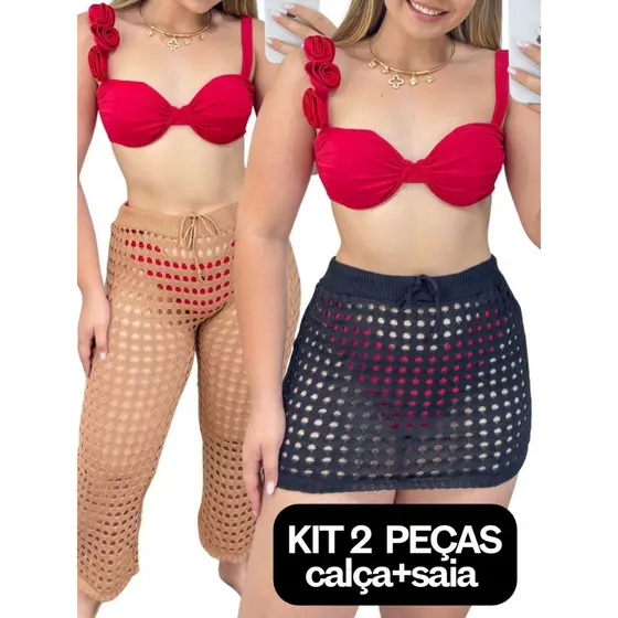 KIT SAIA+CALÇA Tricot Furadinha  – Saída de Praia Feminina Estilo Verão / Mini Saia Tricô Pantalona