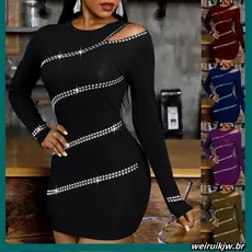 Plus size mini mulheres vestido curto manga longa strass bodycon clube festa social P-5XG