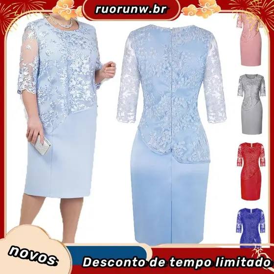 YYR-Vestido Midi Floral De Renda Com Manga Média Plus Size Para Festas