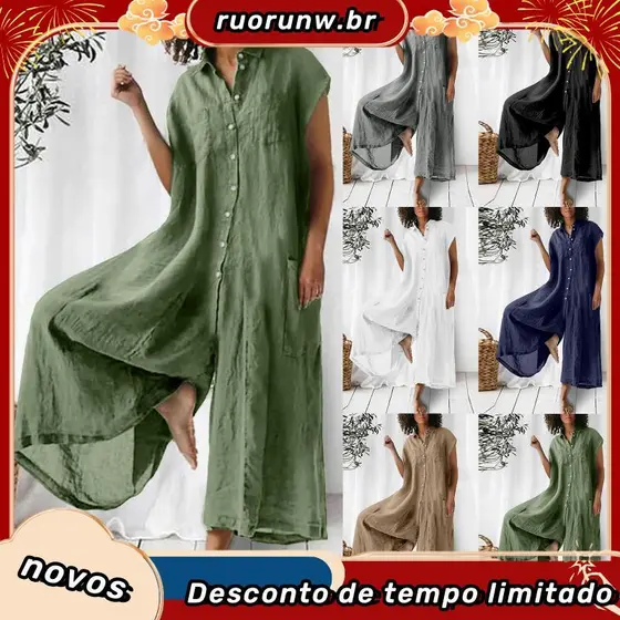 CH-Women Jumpsuit Spring Summer Turndown Colarinho De Verão Linho De Algodão Pernas Largas E Respiráveis Casual Romper