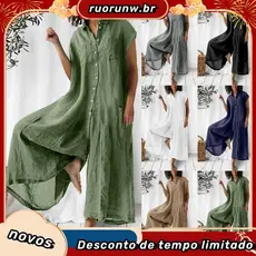 CH-Women Jumpsuit Spring Summer Turndown Colarinho De Verão Linho De Algodão Pernas Largas E Respiráveis Casual Romper