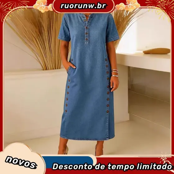 Vestido Midi no Jeans com Laycra Detalhes em Botões Forrados Plus Size Curvy