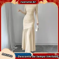 Vestido Maxi Sereia Feminino de Manga Longa, Bege, em Tricô, Franzido, Justo ao Corpo, Elegante, para Festas, ASXO