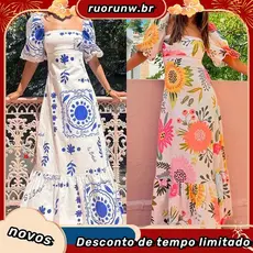 【GME】Outono mulheres europeias e americanas temperamento elegante e moda lanterna de impressão de manga curta A palav