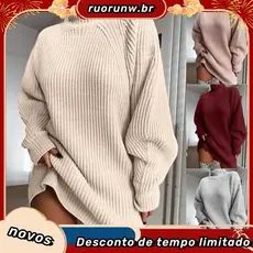 Vestido Feminino Gola Alta Manga Longa Outono Inverno Túnica Solta Tricot Casual Roupas Rosa Cinza Vestidos Sólidos