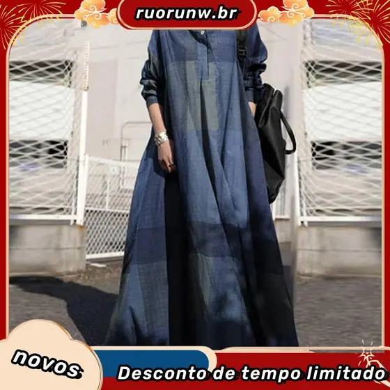 2023 Primavera Algodão e Linho Vestido Solto Manga Longa plus Size Vestido