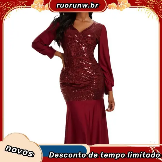 Sd-Formal Bodycon Vestido De Lantejoulas V Manga Longa Brilhante Para Casamento