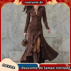2026 outono inverno venda quente Cross-border fino ajuste zíper gola alta divisão vestido longo 897
