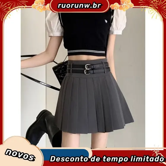 Cinza saia plissada saia curta feminina primavera verão 2026 novo estilo cinto duplo mais magro olhar pequeno a linha te