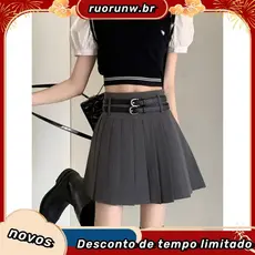 Cinza saia plissada saia curta feminina primavera verão 2026 novo estilo cinto duplo mais magro olhar pequeno a linha te
