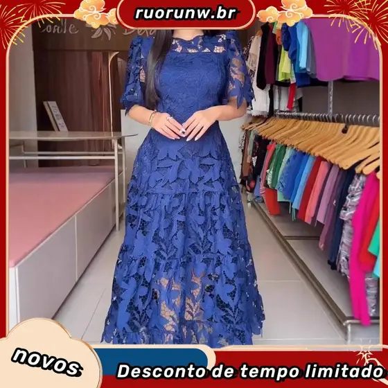 [Grande estoque pronto] Cross-Border 2026 verão novo estilo renda oca gola redonda vestido longo de cintura estreita