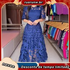 [Grande estoque pronto] Cross-Border 2026 verão novo estilo renda oca gola redonda vestido longo de cintura estreita