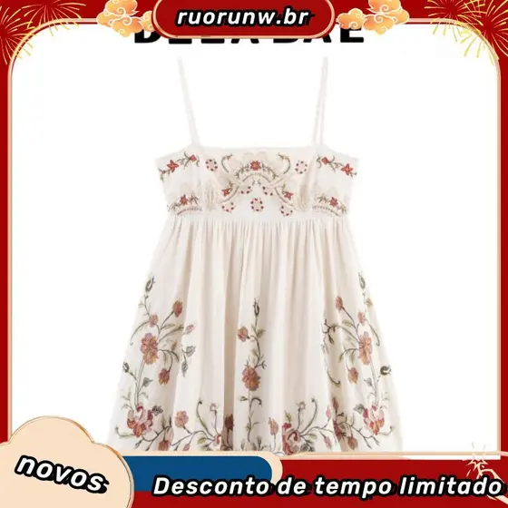 Novo vestido feminino casual de verão 2025, simples e confortável, em algodão francês com bordado de botões e alças.