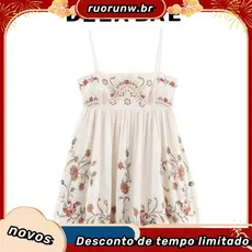 Novo vestido feminino casual de verão 2025, simples e confortável, em algodão francês com bordado de botões e alças.