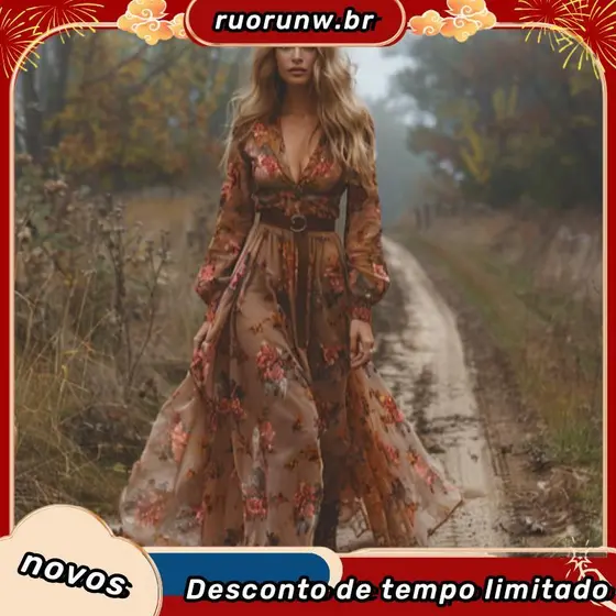 Vestido Primavera Outono Com Decote Em V Estampa Floral Digital Plissado Maxi Evasê Mangas Compridas De