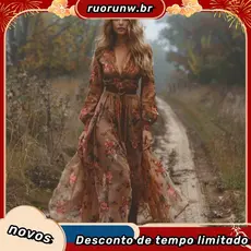 Vestido Primavera Outono Com Decote Em V Estampa Floral Digital Plissado Maxi Evasê Mangas Compridas De