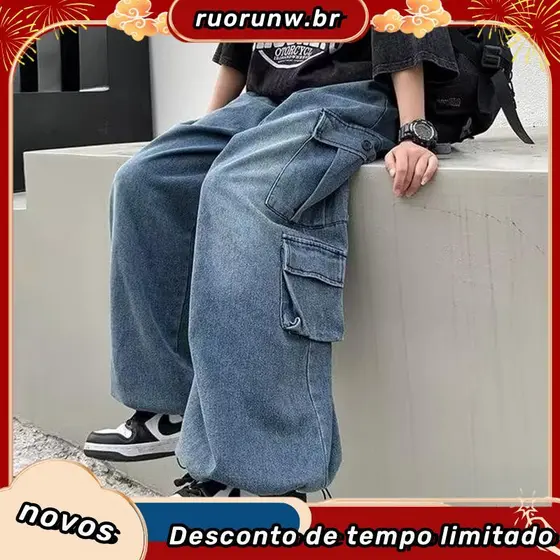 Retro lavado macacão Jeans estilo americano Street Wear oversize perna larga pingente na moda cordão Leggings calças das
