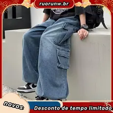 Retro lavado macacão Jeans estilo americano Street Wear oversize perna larga pingente na moda cordão Leggings calças das