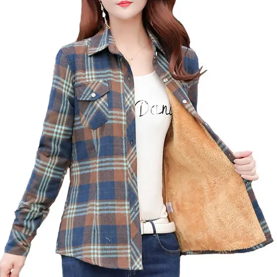 Camisa Feminina De Lã Grossa Xadrez De Manga Comprida De Flanela M-5xg