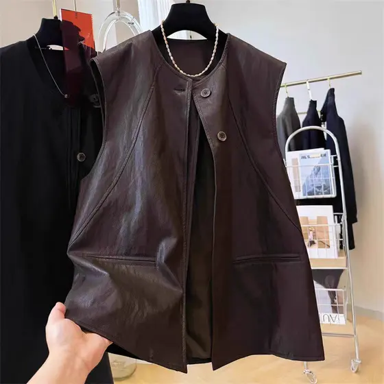 Colete de couro feminino Commuter novo estilo irmã gorda em torno do pescoço sem mangas colete em camadas