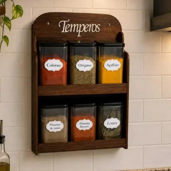 Porta Temperos  Parede e Mesa Mdf Marrom 06 potes Tempero Mantimentos Condimentos