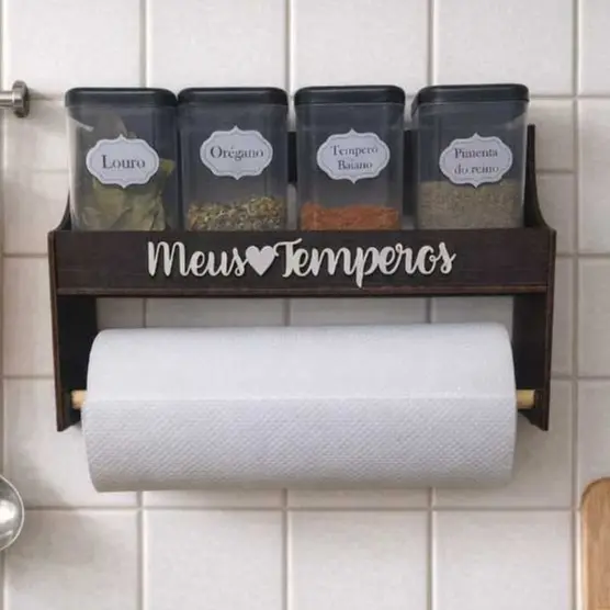 Porta Temperos de Parede com Suporte de Papel Toalha Mdf Pintado em Marrom 04 Condimentos Mantimentos