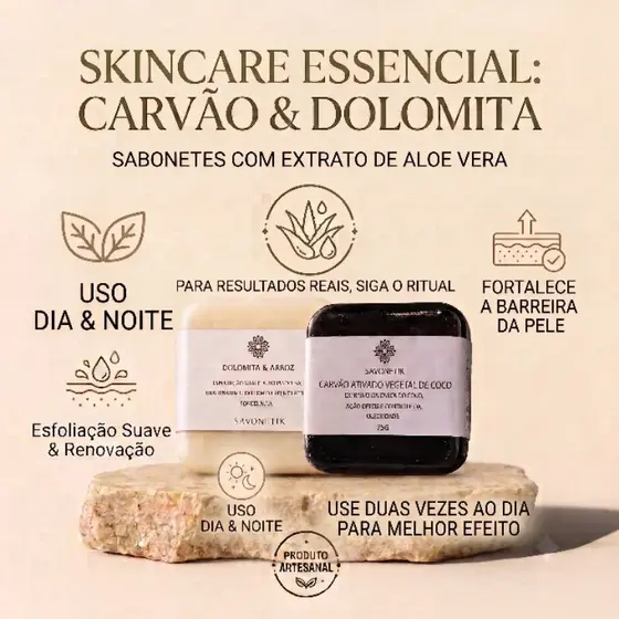 Kit Sabonete Facial Carvão Vegetal Anti-oleosidade + Dolomita Efeito Porcelana Artesanal