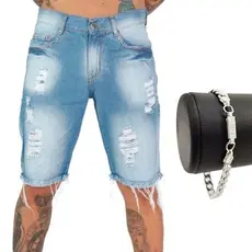 Bermuda Masculina Shorts Jeans Rasgado Claro Escuro Branco Preto + Pulseira 18k
