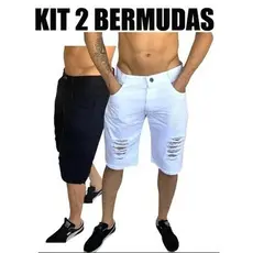 Bermuda Jeans Masculina Rasgada Preta e Branca Kit 2 Unidades