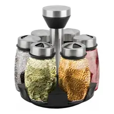 Porta-Temperos Giratório com 6 Potes de Vidro e Suporte em Aço Inox para Cozinha