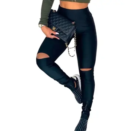 Calça Preta Suplex Estilo Legguing Cintura Alta Recorte Joelho Aberto Estilo Montaria Tendência