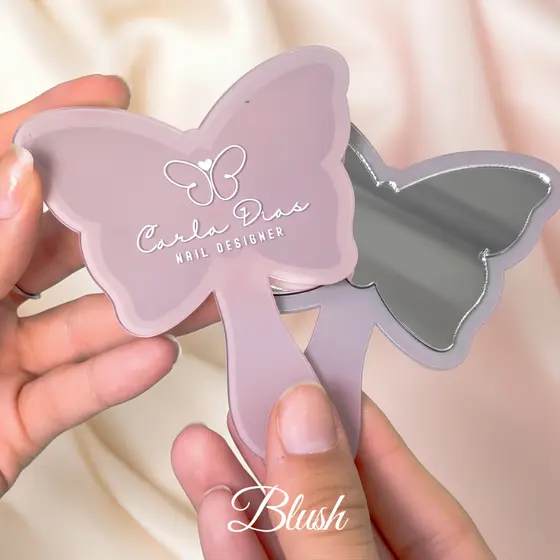 Espelho de Bolsa de Borboleta Personalizado Kit com 40 Mini Blush Acrílico com Cabo Brinde Cliente
