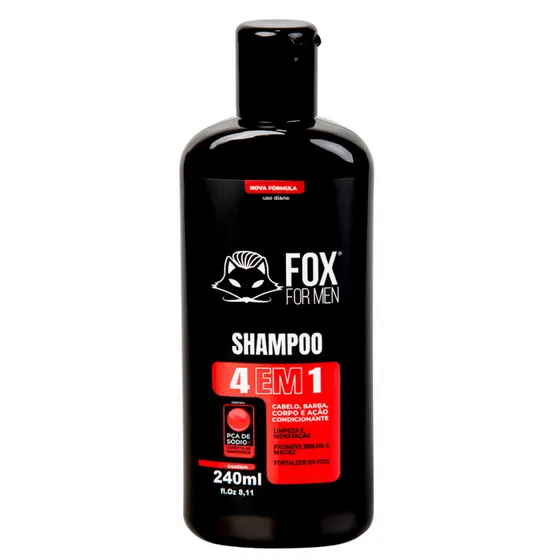 Shampoo Masculino 4 em 1 240ml Limpeza Cabelo Barba Corpo Fox For Men