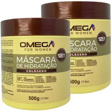 Kit 2x Máscara de Hidratação Capilar 500g Ômega Hair – Colágeno, 12 Benefícios, Nutrição e Brilho