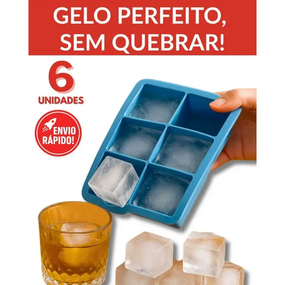 Kit Forma de Silicone Gelo e Bolo de 6 Cubos Grandes Flexível Forno e Freezer Sobremesa Não Quebra