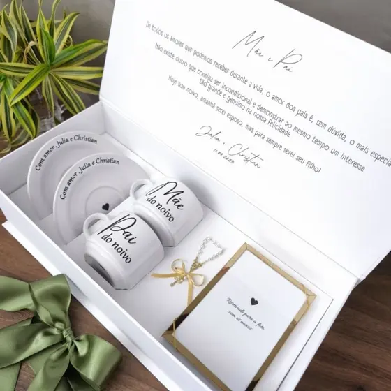 Kit Convite Para Pais dos Noivos Caixa Com Xícaras Porta Retrato Personalizada Casamento