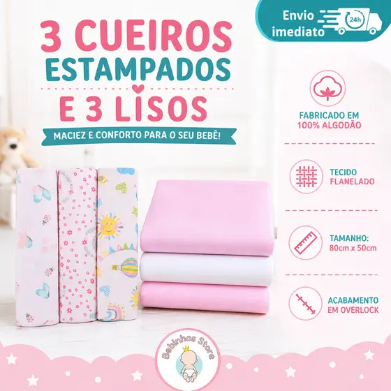 Kit 6 Cueiros Bebê Flanelado 3 Estampados e 3 Lisos