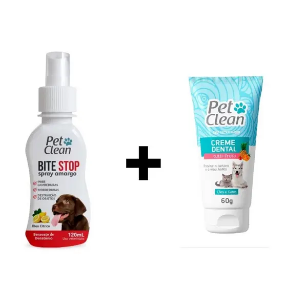 KIT Creme Dental  Sabor Tutti-Frutti+Spray Bite Stop Pet Clean Amargante
