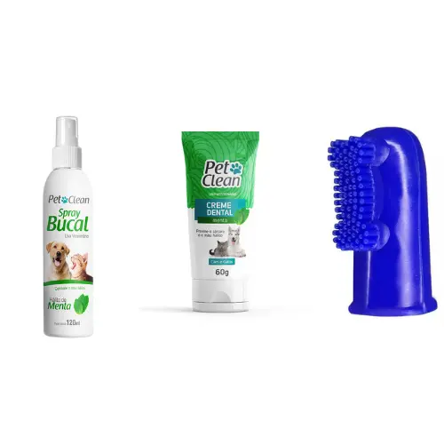 Kit Dental Pet Clean para Cães e Gatos - Inclui Spray Bucal, Creme Dental e Dedal