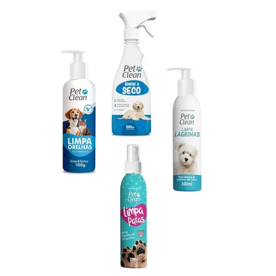 BANHO A SECO CÃES 500ML PETCLEAN+LIMPA ORELHAS 100g+LIMPA LAGRIMAS 120ML+LIMPA PATAS 120 ML
