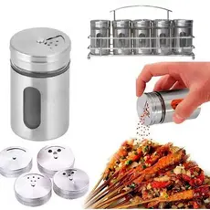 Porta Condimentos Temperos Saleiro Pimenteiro Aco Inox 5 Pcs Com Visor e Suporte