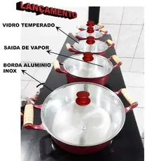 Jogo de Panela Alumínio Batido Conjunto de Cozinha Vermelho Com Tampa de Vidro