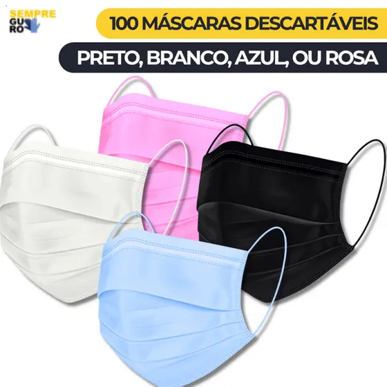 100 Uni. Máscara Descartavel Branca TNT | Tripla Camada Adulto - Preto, Rosa, Branco ou Azul