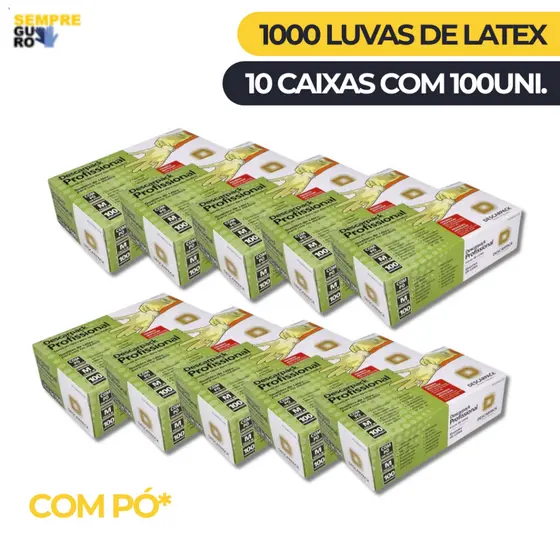 1000 Uni. Luva Descartável de Látex COM PÓ | Tamanhos PP, P, M, G - 10 Caixas